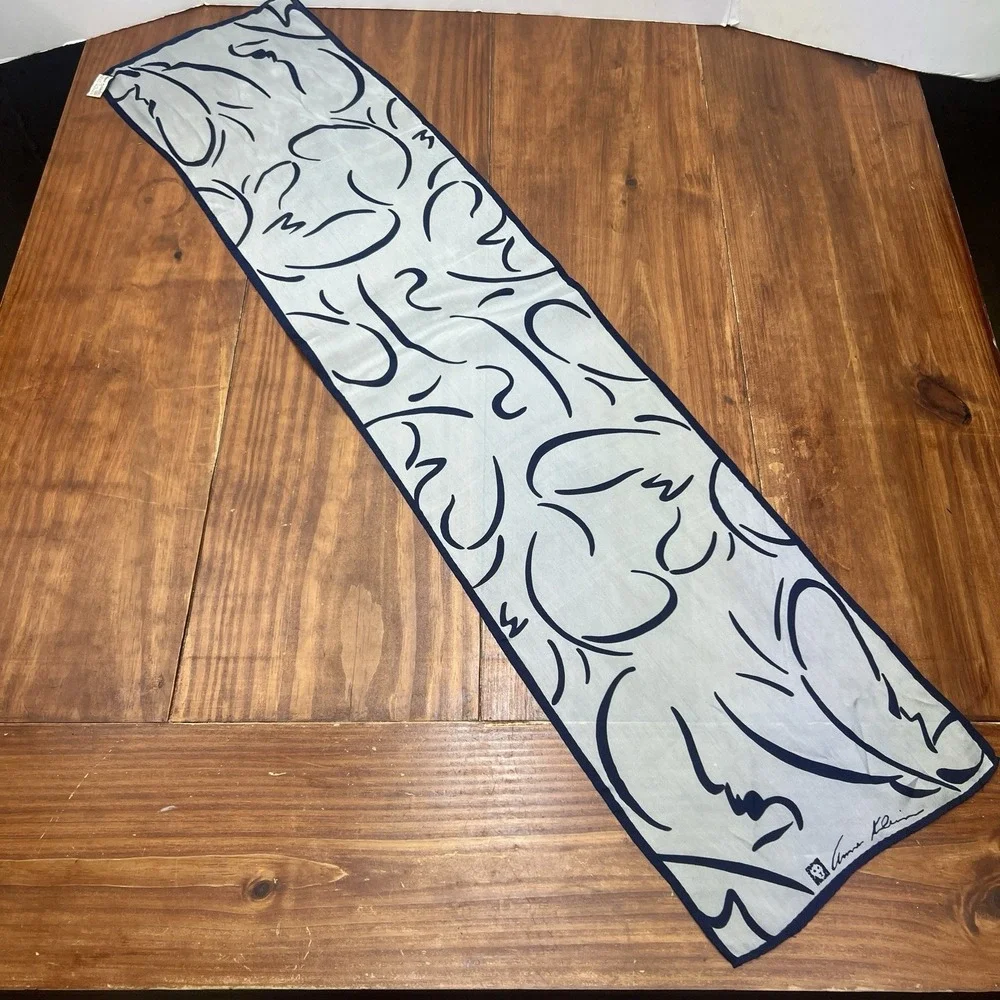Anne Klein Vintage Silk Oblong Scarf Gray Navy Abstract Made In Japan 42x10 Inch